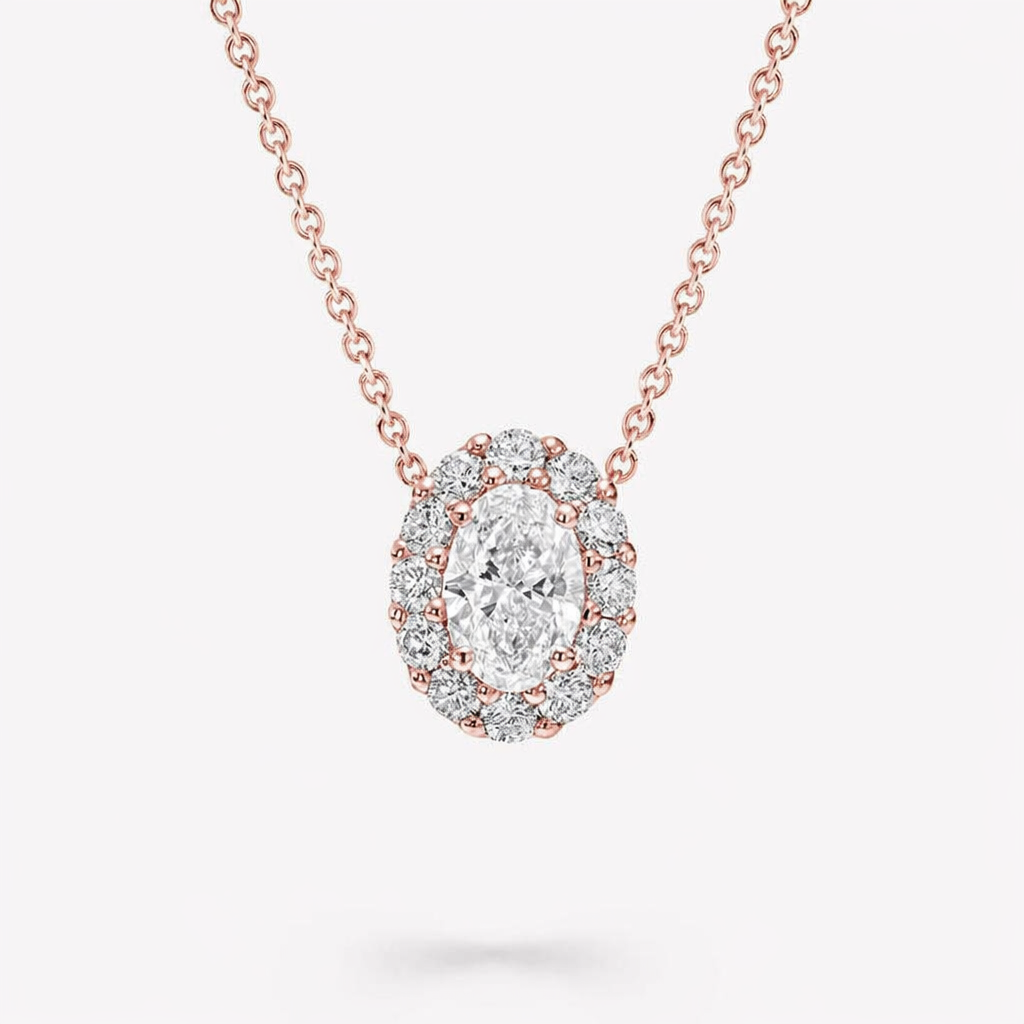 IGI Certified Lab Grown Diamond Necklace with Halo Setting 1CT D VVS2 Oval Cut 18K Solid Gold for Retro Bridal Jewelry