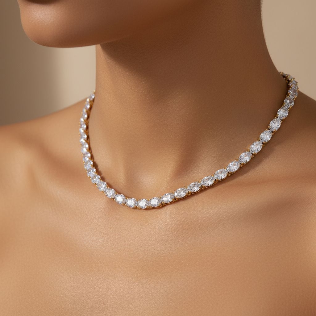 IGI Certified10k Lab Grown Diamond Tennis Choker Necklace with DEF VVS 3*5mm Oval Cut Full Station Chain