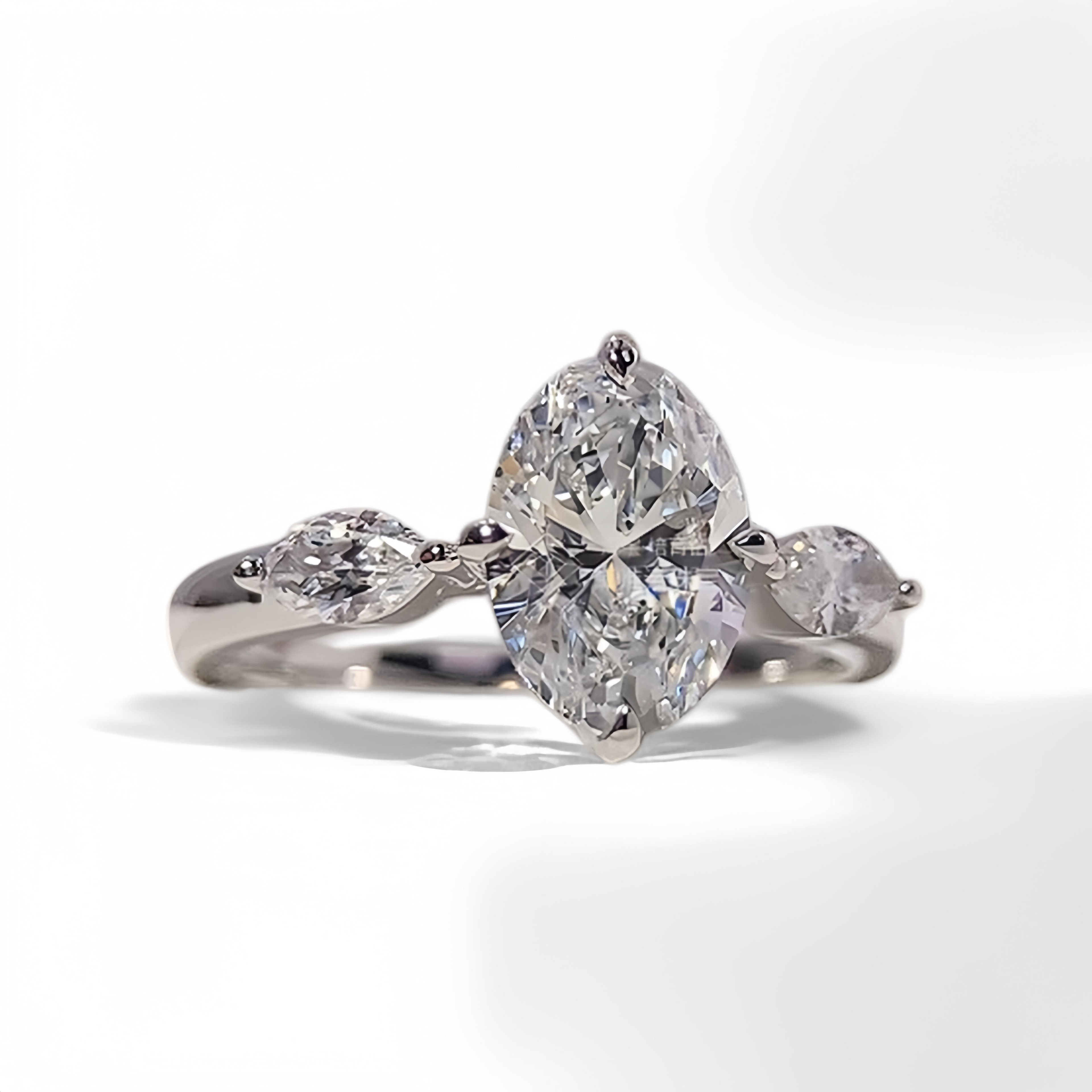 Three-stone Oval Cut Lab Grown Diamond Ring with IGI Certified 2 Carats D VVS2 18K for Wedding Customization