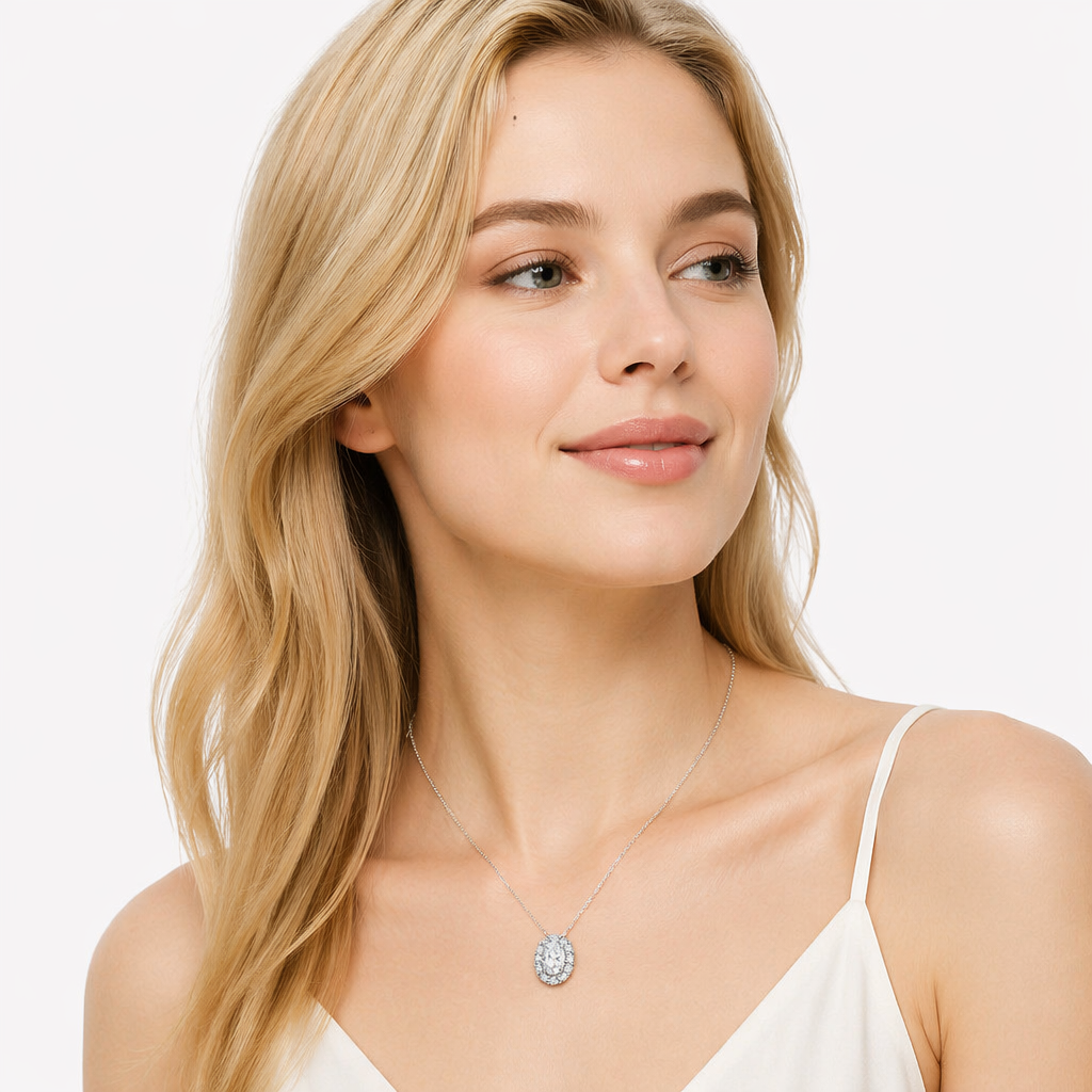 IGI Certified Lab Grown Diamond Necklace with Halo Setting 1CT D VVS2 Oval Cut 18K Solid Gold for Retro Bridal Jewelry