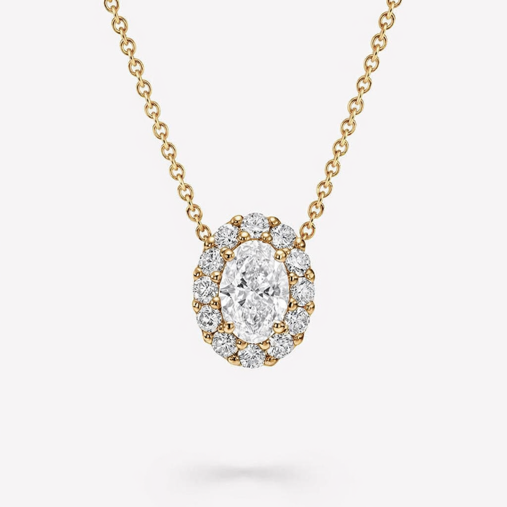 IGI Certified Lab Grown Diamond Necklace with Halo Setting 1CT D VVS2 Oval Cut 18K Solid Gold for Retro Bridal Jewelry