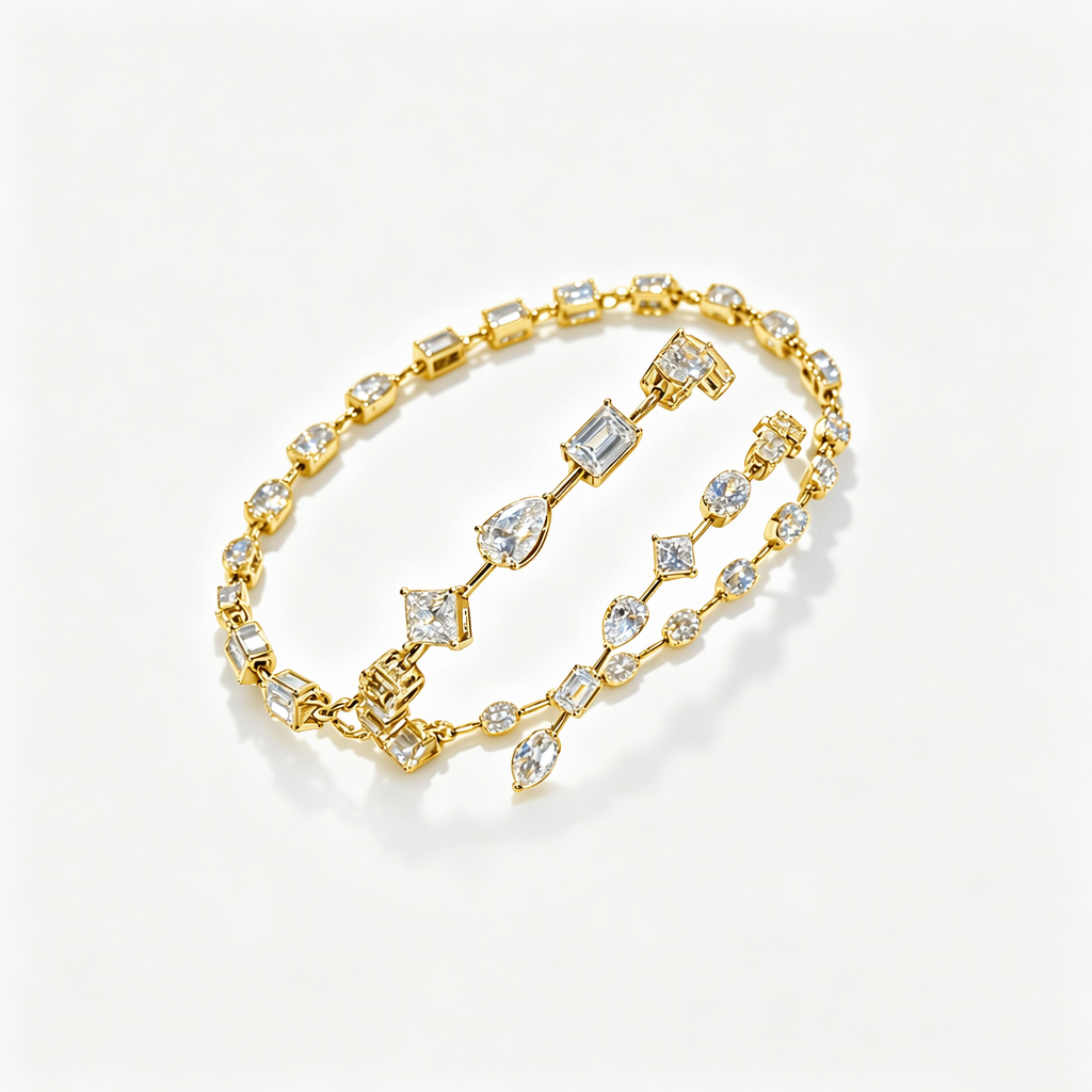 IGI Certified Multi-Shaped Irregular Lab-Grown Diamond Bracelet with VVS CVD HTHP Synthetic diamond 14K Gold for Unisex Pear Cut 3.75*5.75mm Oval Cut 3.80*5.30mm Emerald Cut 3.8*5.4mm Princess Cut 2.8*2.8mm