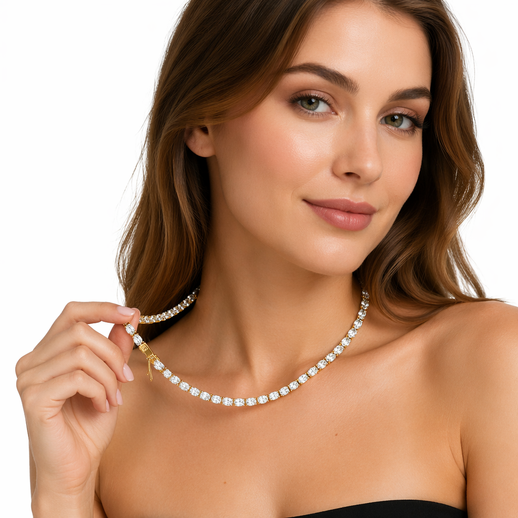 IGI Certified10k Lab Grown Diamond Tennis Choker Necklace with DEF VVS 3*5mm Oval Cut Full Station Chain