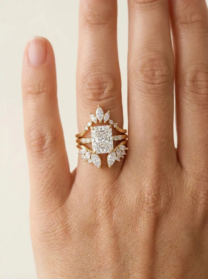 Stacked Elegant Style Lab Grown Diamond Wedding Ring with IGI Certified 3CT Carats D VVS2 Radiant Cut 18K/14K Gold for Luxury Wedding