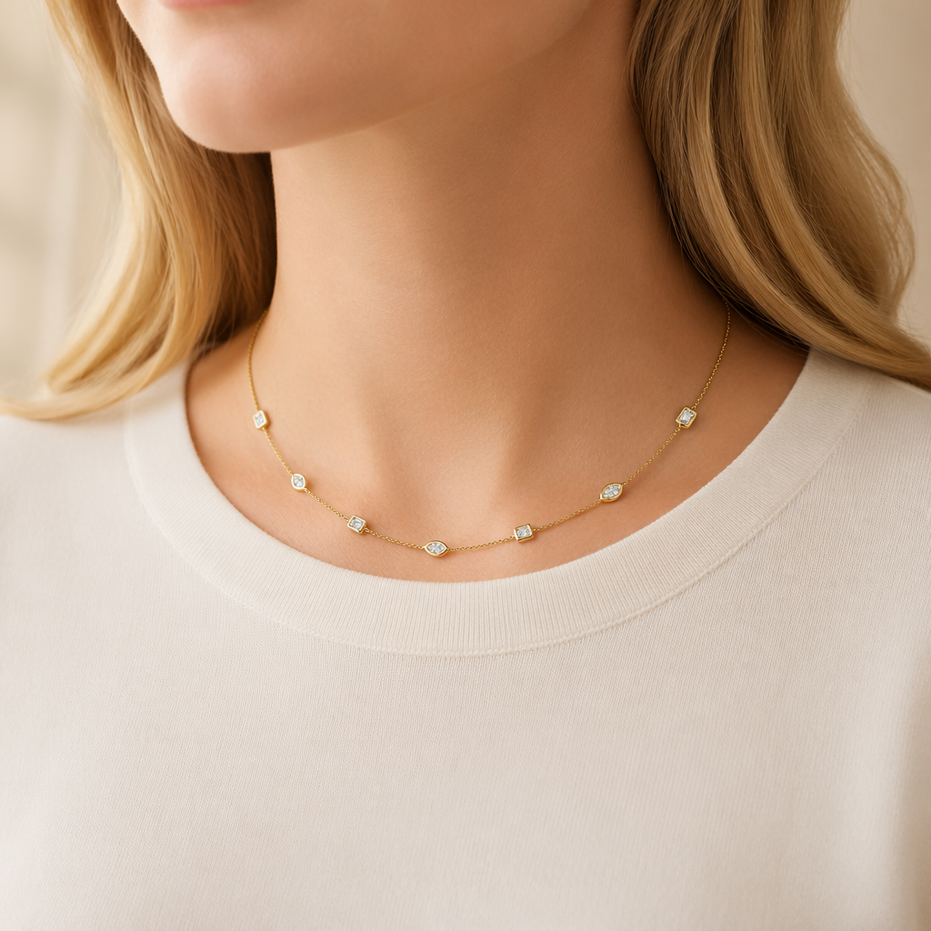 IGI Certifited18k Solid Gold Lab Grown Diamond Necklace with Marquise Cut(3*6mm) and Emerald Cut(3*5mm) for Elegant Women's Fine Jewelry