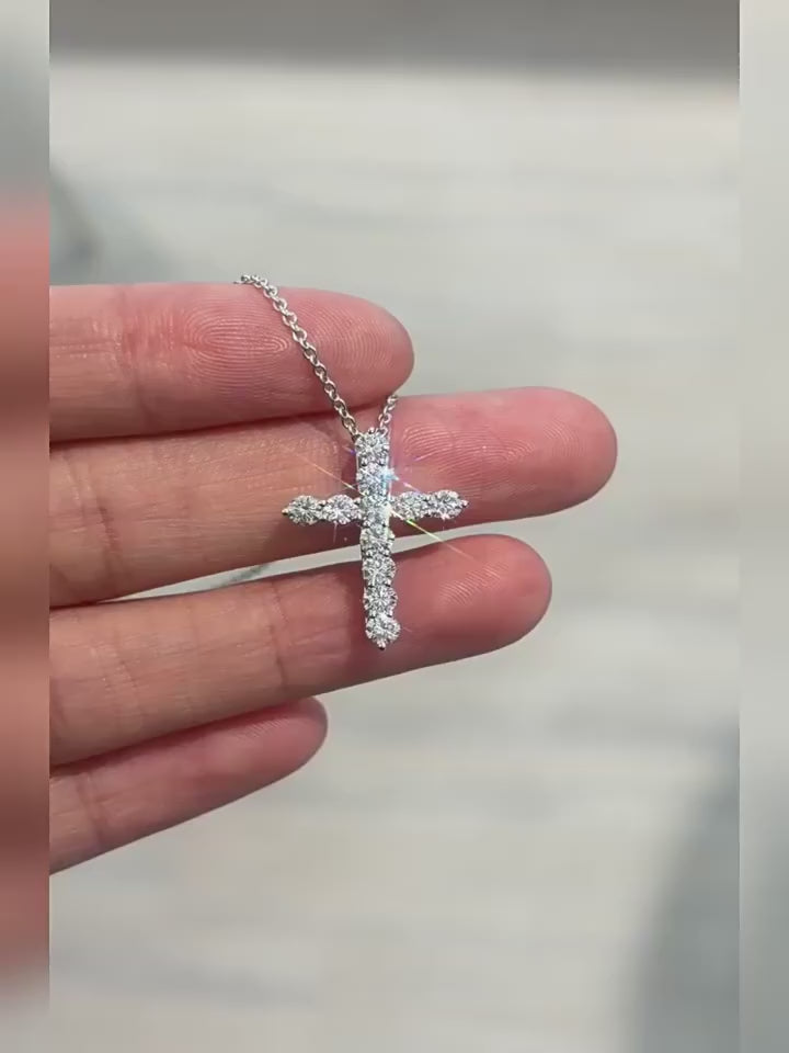 IGI Certified 18K Soild Gold Lab Grown Diamond Necklace with DEF VVS Round Brilliant Cut Cross Pendant