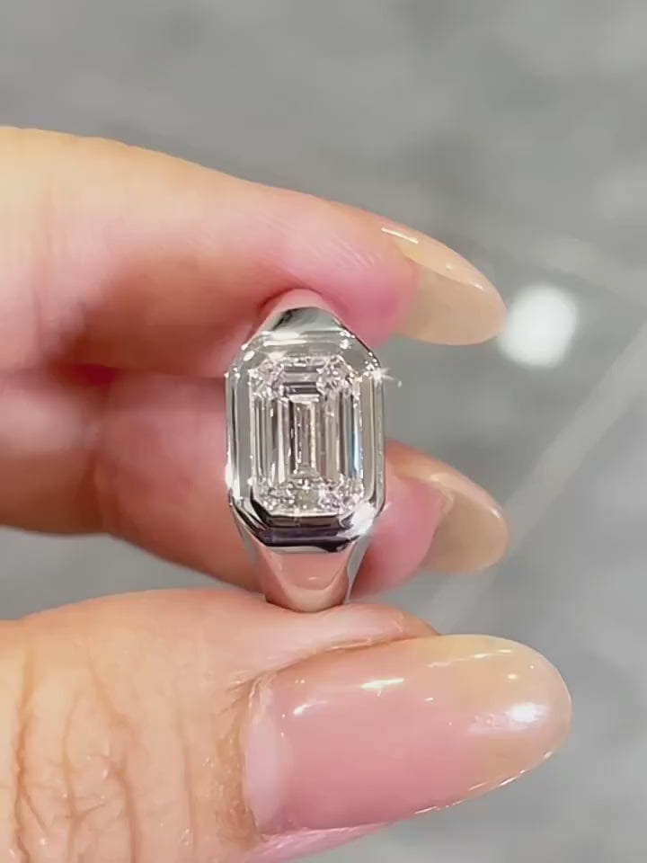 Men's Ring with IGI Certified 3 Carats D VVS2 Emerald Cut Lab Grown Diamond 18K/14K Gold  for Daily Wear